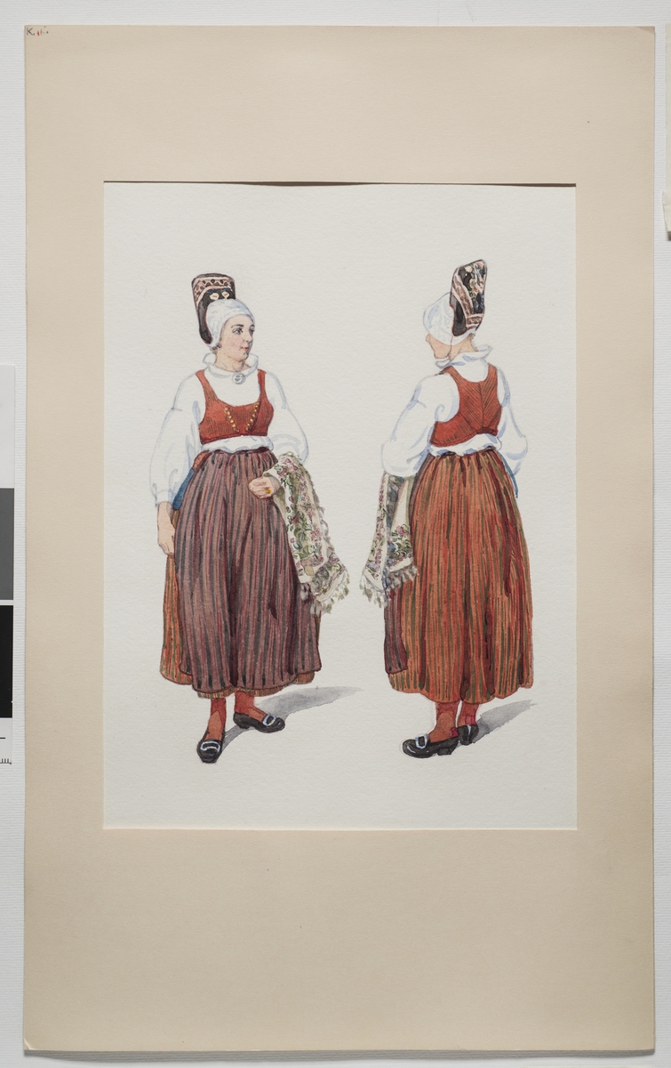 Helgdagsdräkt för gift kvinna, Häverö socken, Uppland. Akvarell av Emelie von Walterstorff.