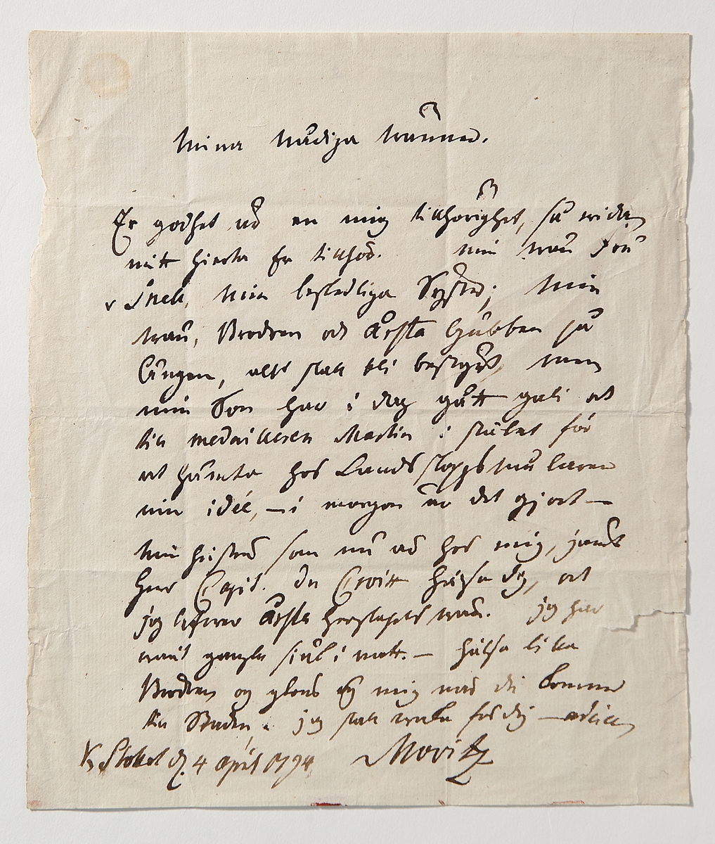 Brev, enligt uppgift, från Carl Michael Bellman till Märta Helena Reenstierna (Årstafrun) undertecknat 4 april 1794 Movitz.