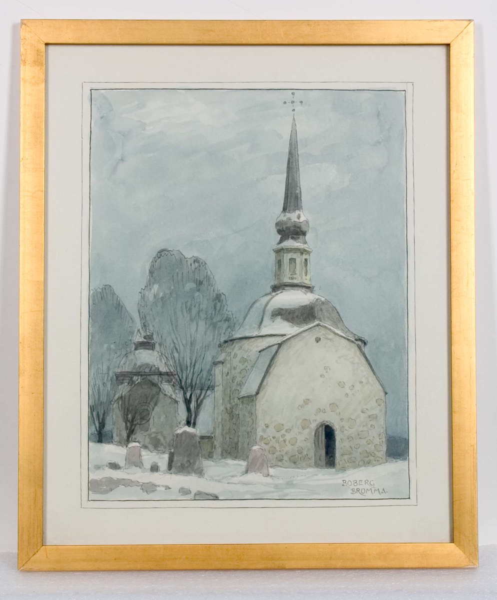 Akvarellen föreställer Bromma kyrka, Bromma socken, Uppland.