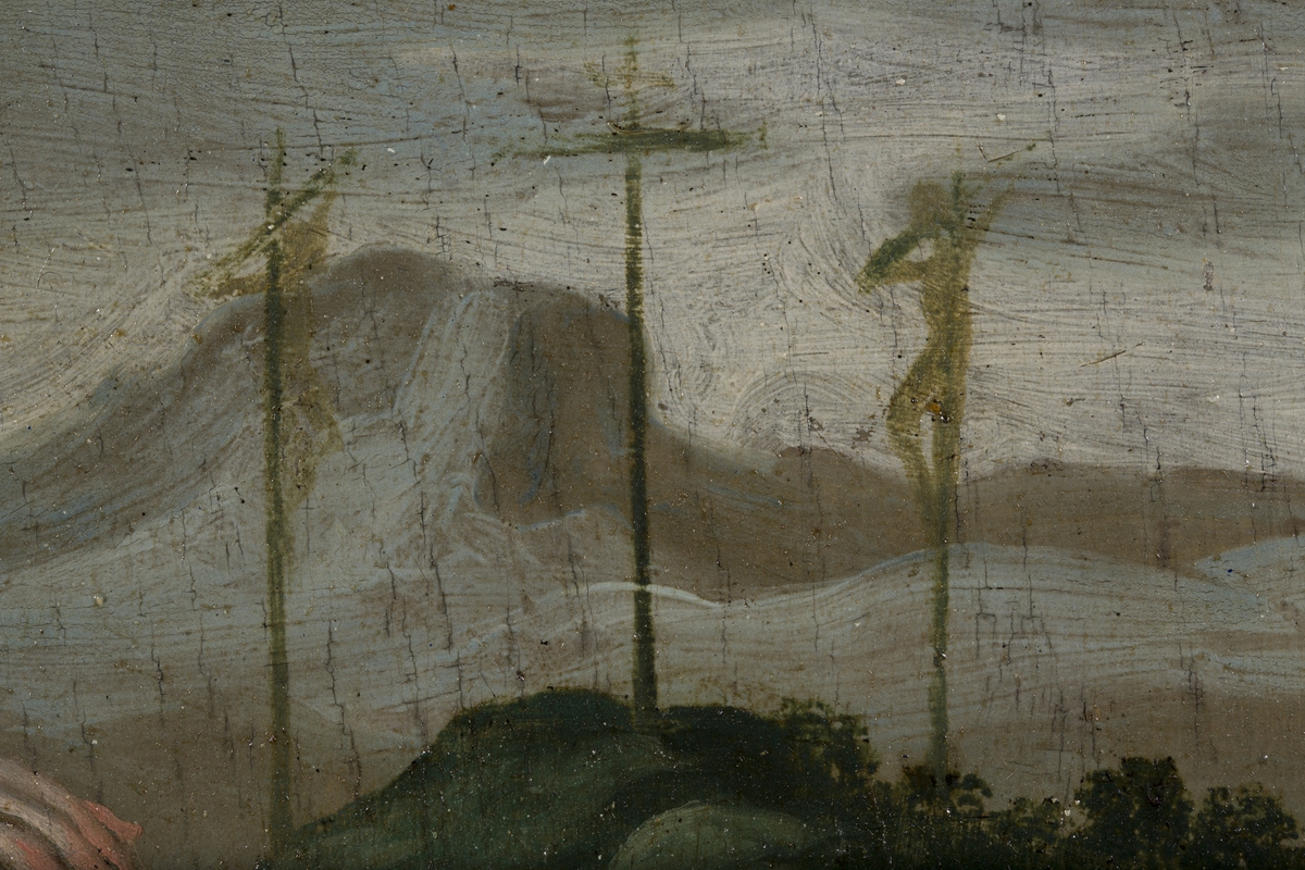 Fra katalogkort:
"Bildet ved innkomsten delvis dekket av sort maling. Behandlet i 1923 av malerikonservator G. Gotaas. Baksiden av platen har vært benyttet som hakkefjel. Rammen delvis fornyet og nå også oppmalt med sort limfarge. Bildet har opprinnelig vært innpasset i større dekorativ ramme. Ukj. opprinnelse og maler, likeså familie, må stamme fra tiden omkring 1650. Adam van Breen sies å ha oppholdt seg i Christiania 1629-42. (Østby: Norsk portretter). 
Sml. epitafium av viseadmiral Jørgen Bjørnsen m.fam. i Holmen k.
Sml. epitafium av Ole Torgersen, prest til Bjørnå, ca. 1637-79, med hustru og 8 barn; særlig pikene har stor likhet. (Roan k.).
Jfr. Grevenor: Norsk malerkunst, s. 175: Adam van Breen?
NF Årsberetning 1923-24."