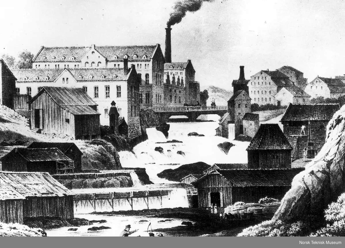 Nedre Vøien Spinneri fra 1845 er den fremste av murbygningene på bildet. Fabrikkanlegget bakenfor er Hjula Væveri fra 1855. Etter original av F. Loos, 1857