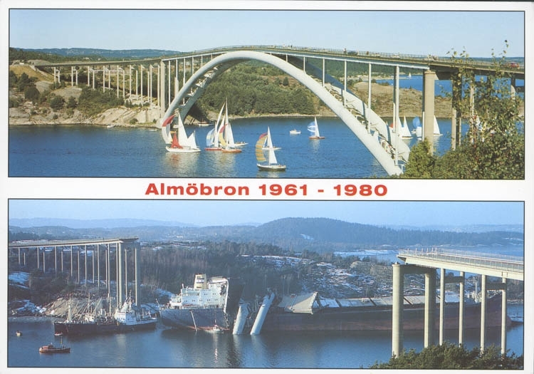 "Almöbron 1961-1980. En av värdens största brokatastrofer. Vid 1-tiden på natten den 18 januari 1980 påseglades och totalförstördes den första Tjörnbron, då kallad Almöbron.
Det var fartyget Star Clipper på 30.000 ton, som påseglade brons västra fäste. 
De båda bärande brospannen slets av och störtade ned över fartyget och havet.
Innan trafiken hann stoppas, hade 7 fordon kört över brofästena och störtat i vattnet. Totalt omkom 8 personer".