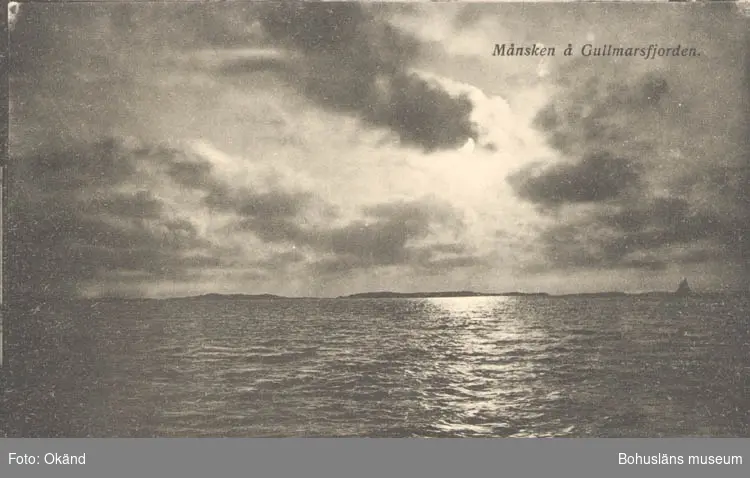 Tryckt text på kortet: "Månsken å Gullmarsfjorden." 
