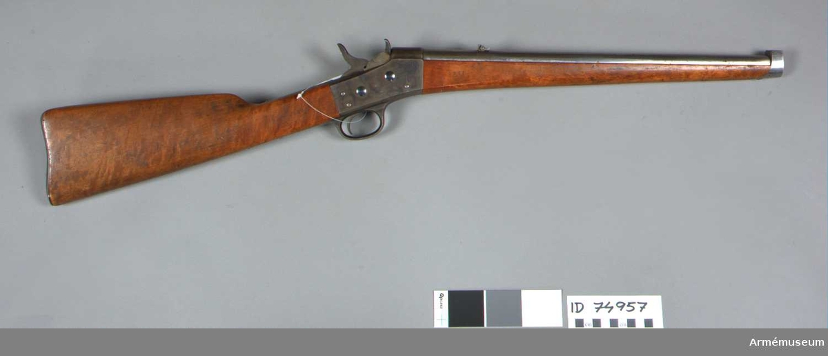 Grupp E II f.
Remingtons system, blank pipa, ståndsikte med fällklaff.
Tillv. vid Carl Gustafs stads gevärsfaktori 1877. 

Jfr AM 26108 som också har tillv nr. 2 men är gjort i samma faktori 1870.