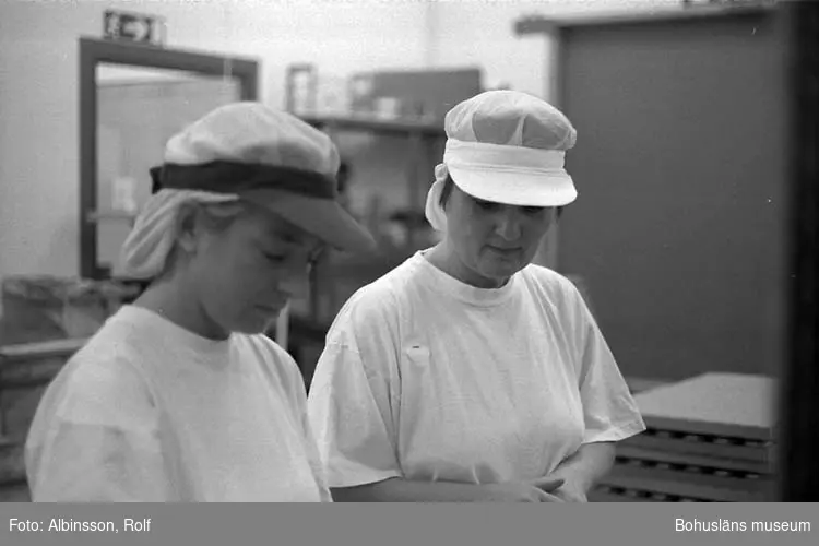 Enligt fotografens noteringar: " ... närmast i bild Birgitta Karlsson och Anne-Maj Karlsson tar sig an burkarna och lägger dom i brickor." ( AC. Fortsättning från bild 235.)
Fototid: 1996-01-19.