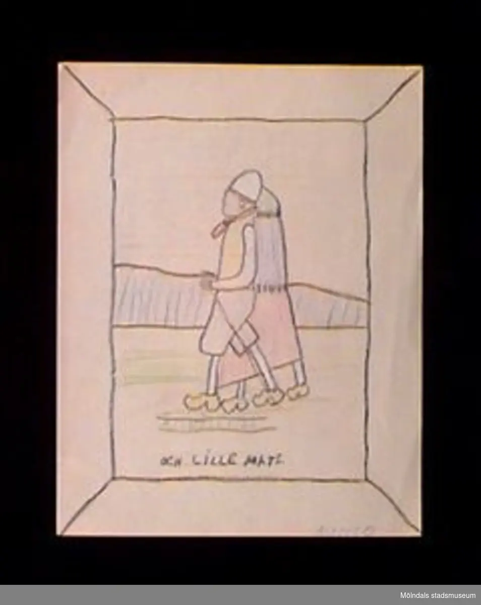 En teckning föreställande en man och en kvinna gående i ett landskap. En text står skriven med stora bokstäver i blyerts och krita "Åsa gåsa piga och lille Mats".Givaren gick hela sin skoltid i Toltorpsskolan.