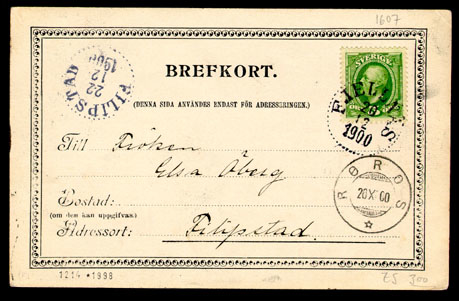 Brevkort avsänt från "Fjellnäs" den 20 december 1900 vida "Röros" i Norge  20 december 1900 till Filipstad dit det ankom den 22 december 1900. Frankerat med frimärke "Oscar II 5 öre grön". 

Stämpeltyp: Normalstämpel 14