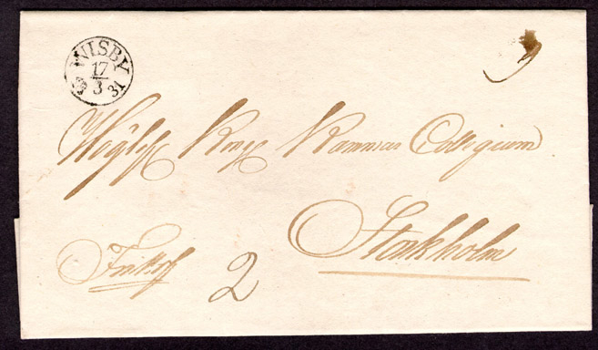 Förfilatelistiskt brev skickat från Visby till Kungliga Kammarkollegiet i Stockholm den 17 mars 1831. 

Fribrev.

Stämpeltyp: Normalstämpel 6  Bågstämpel. Heldragen ram.
Antikvastil. Diameter 19 mm.
