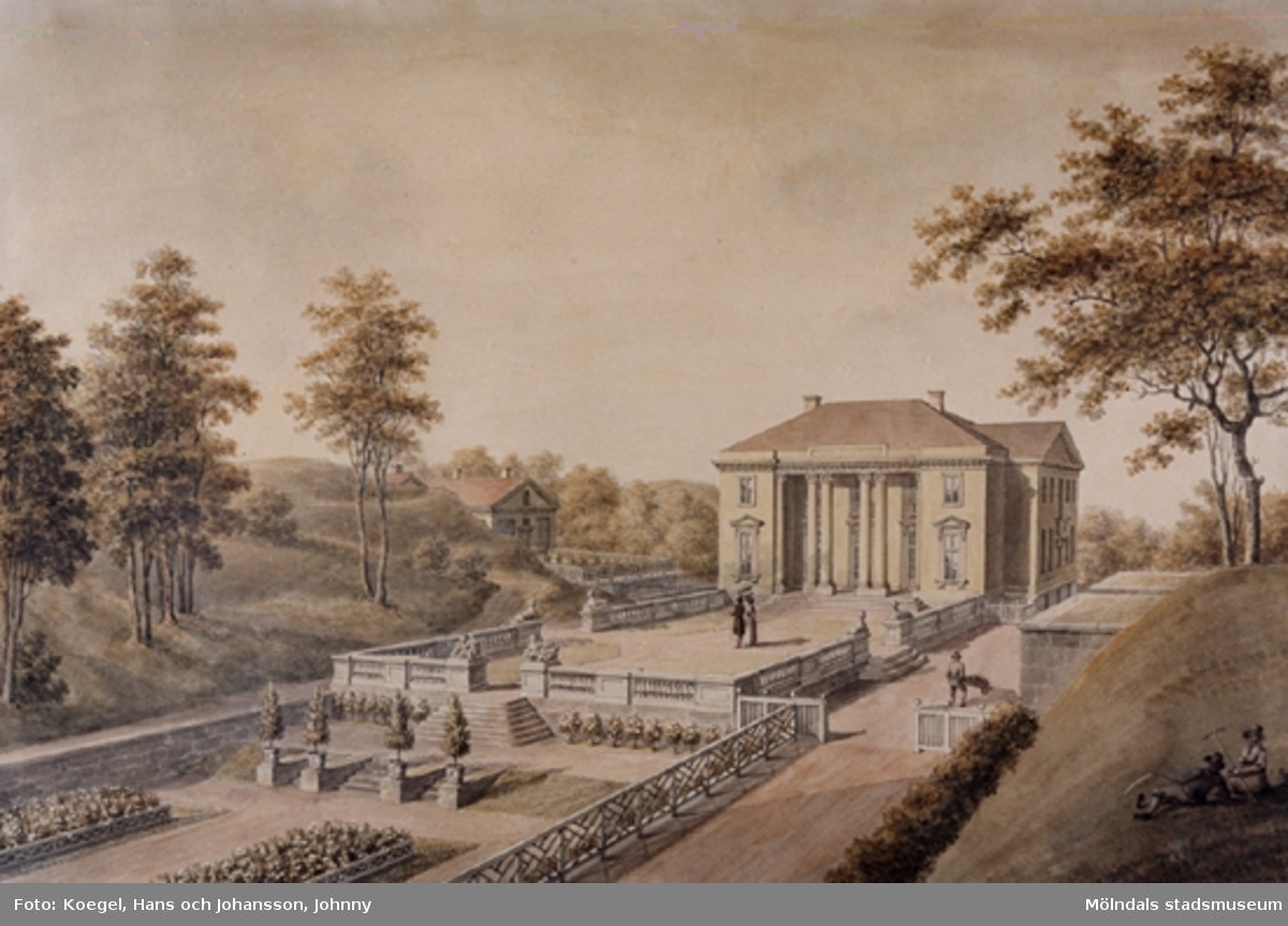 Akvarell föreställande Gunnebo slott med omnejd, avfotograferad 1997. 
Akvarellmålning från 1795-1823 av konstnären Justus Fredrik Weinberg, signatur J. F Weinberg.