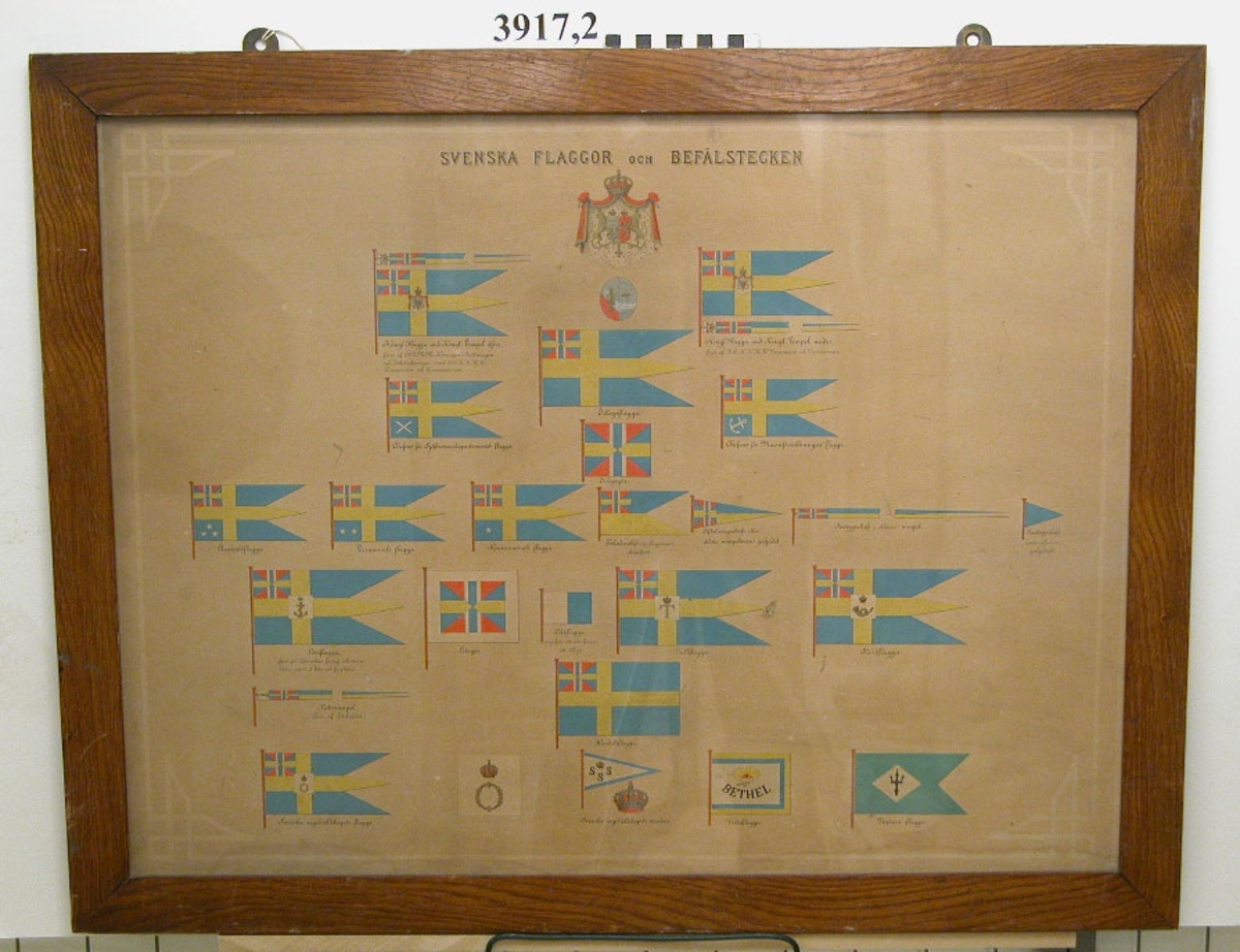 Plansch, inom glas och ram, som visar svenska flaggor och befälstecken. Tryckt och färglagd. Flaggor och vimplar har det nya unionsmärket.