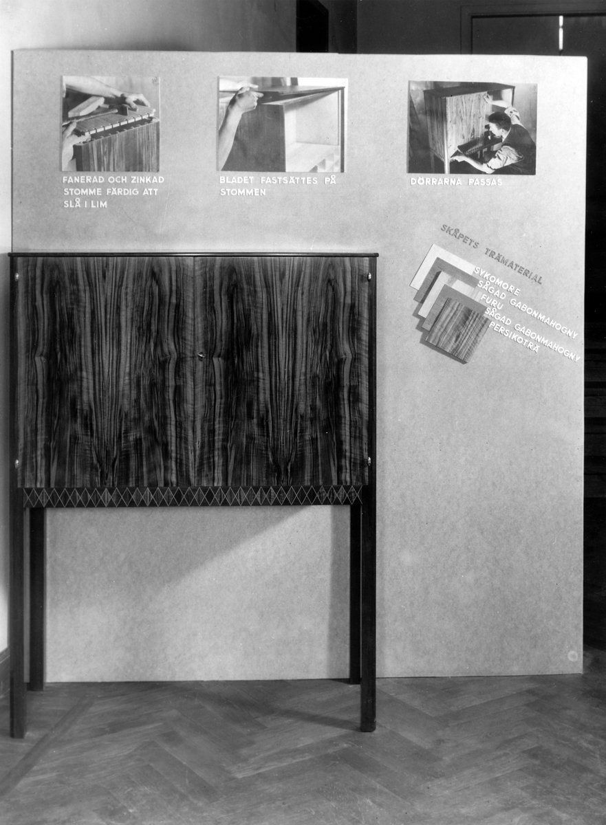 Möbler 1932 - 1936, Hantverkslotteriet
Inredning. Hantverkslotteriets tävling. Skåp utvändigt persikoträ, invändigt cycomore