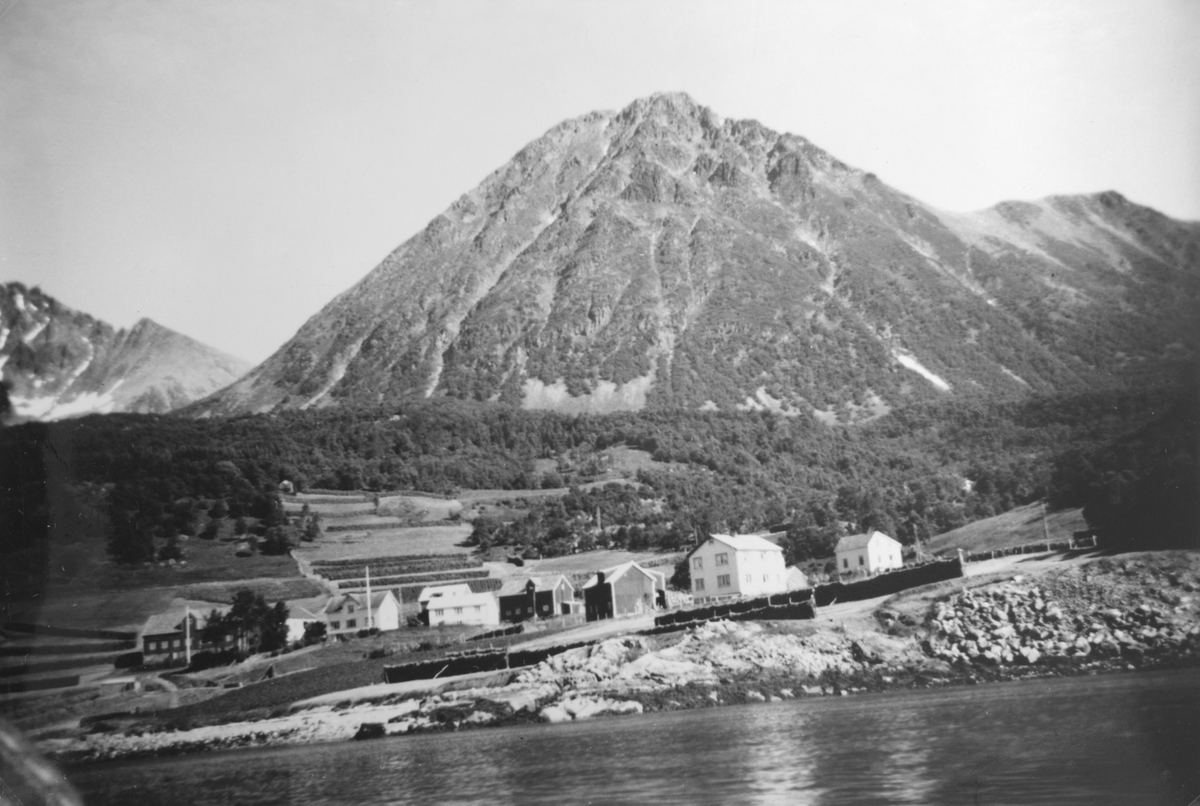 Bebyggelse i Vaskinn fotografert fra sjøsiden, med hesjer i forgrunnen og fjell i bakgrunnen.