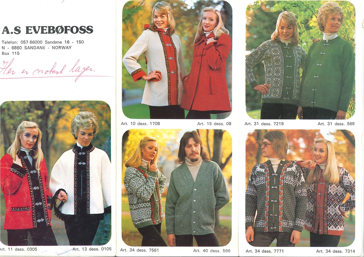 Brosjyre for Evebøfoss 1974. Presenterar bilete og opplysingar om produkt. Engelsk tekst.
Produkta er jakker, vamsar og gensere i strikk og vev.
