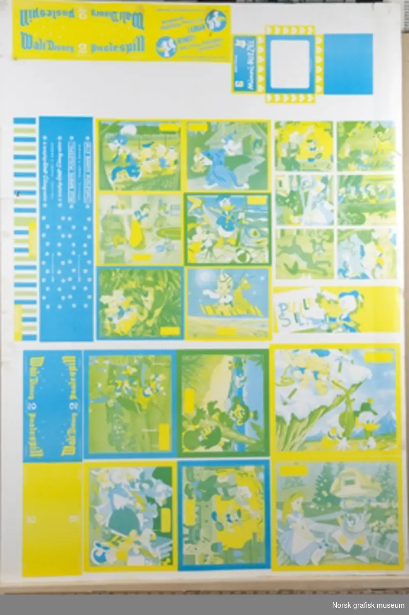 Originaltrykk av det som skal bli puslespillesker med Walt Disney-motiver. Trykket inneholder flere ulike puslespillesker med 18 ulike motiver.