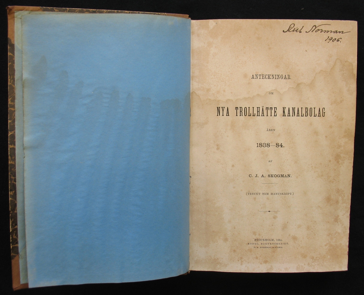 Bok: ''Anteckningar om Nya Trollhätte kanalbolag åren 1838-84'', av C. J. A. Skogman

Boken har ägts av Axel Norrman 1906.