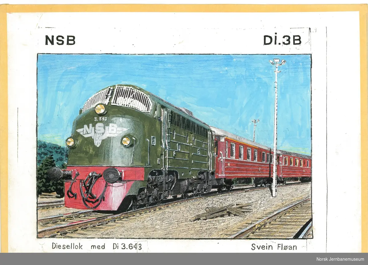 Tegning "NSB Di3b Diesellok med Di 3.643"
tegning på papir med tape rundt kantene