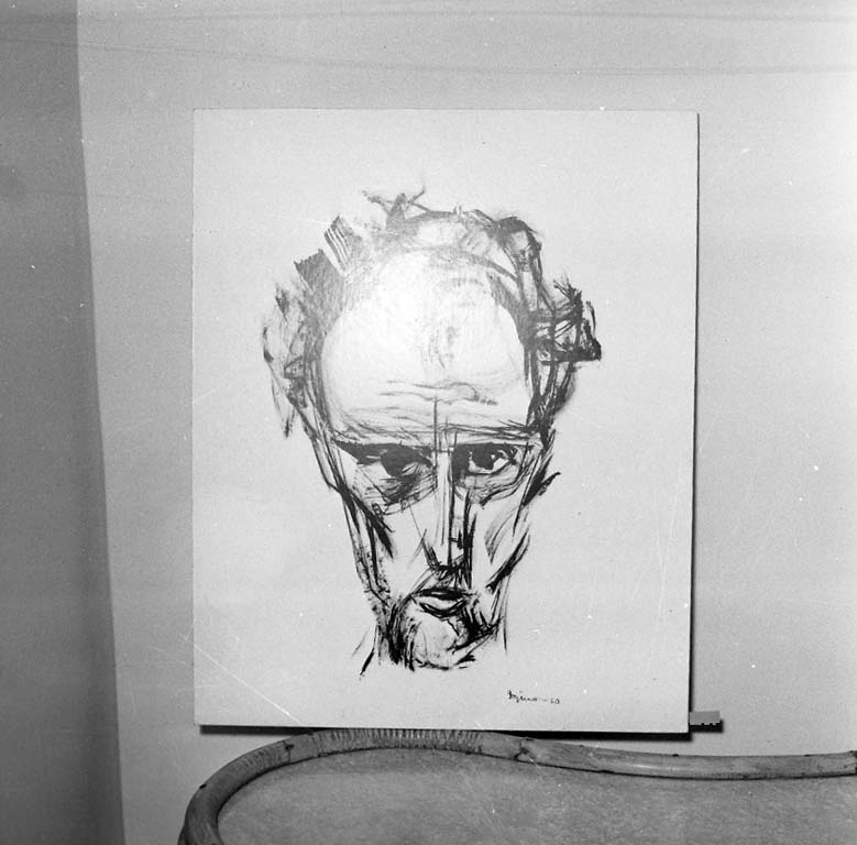 Självporträtt gjort av Kurt Dejmo signerat 1960, troligen en tuschstudie. Galleri Nyttokonst, Uddevalla