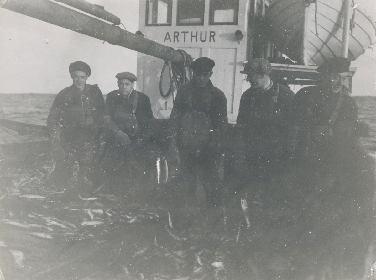 En gruppe fiskere på Grønlandsfiske viser frem fangsten ombord fiskebåten "Arthur". Motiv antagelig tatt ved Island.