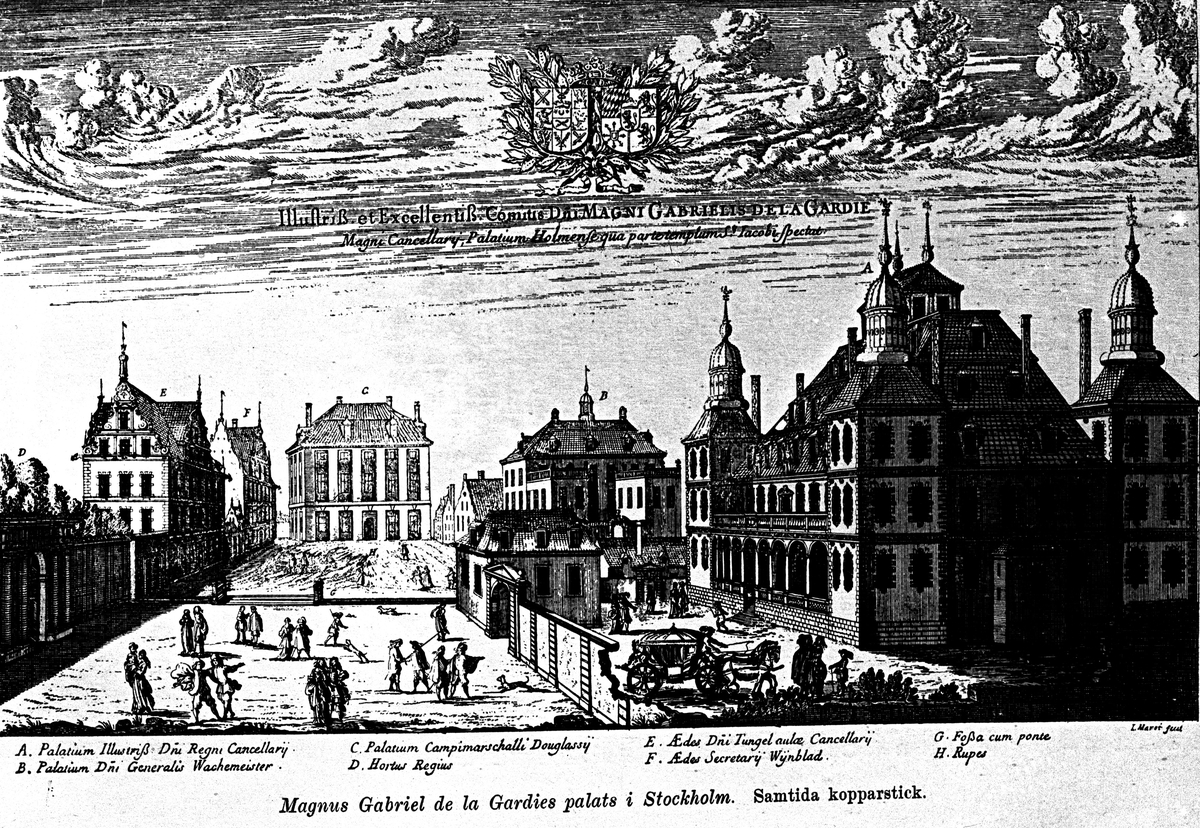 Magnus Gabriel de la Gardies palats i Stockholm. Samtida kopparstick. 
Reproduktion av E Sörman.