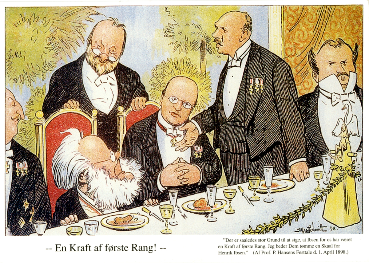 Postkort.Karikaturtegning fra feiringen av Henrik Ibsens 70 års dag i Danmark i 1898.
