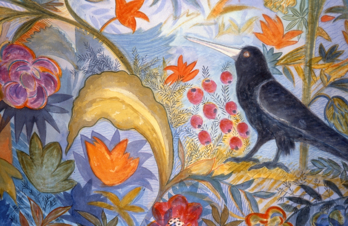I "Møtested II" har kunstneren tatt utgangspunkt i det store stoffmaleriet "Møtested" som henger på motsatt vegg i samme rom. Motivet er et utsnitt fra maleriet, men med en liten vri, -én av de mørke fuglene har snudd seg og henvender seg til den andre fuglen.