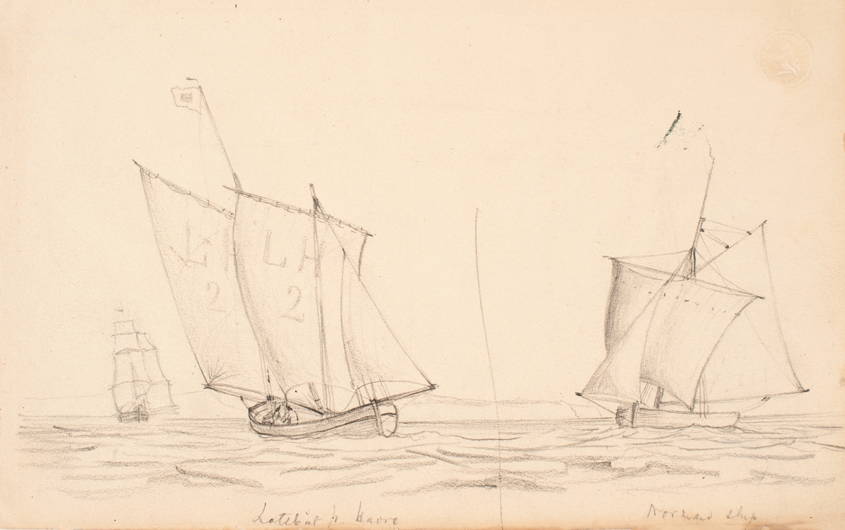 Framsidan: Lotsbåt från Havre och normandisk slup