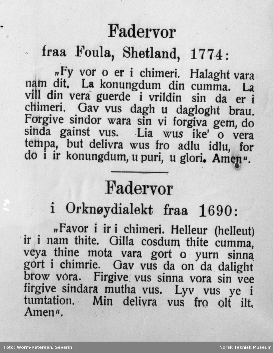 "Fadervår", tekst fra Shetland (1774) og Orkenøyene (1690)