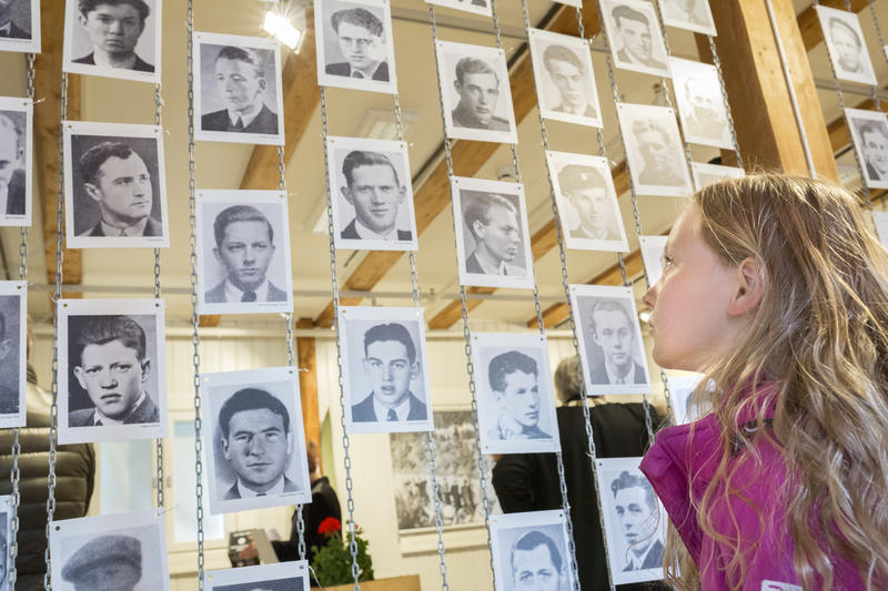 En jente ser på bilder i utstilling