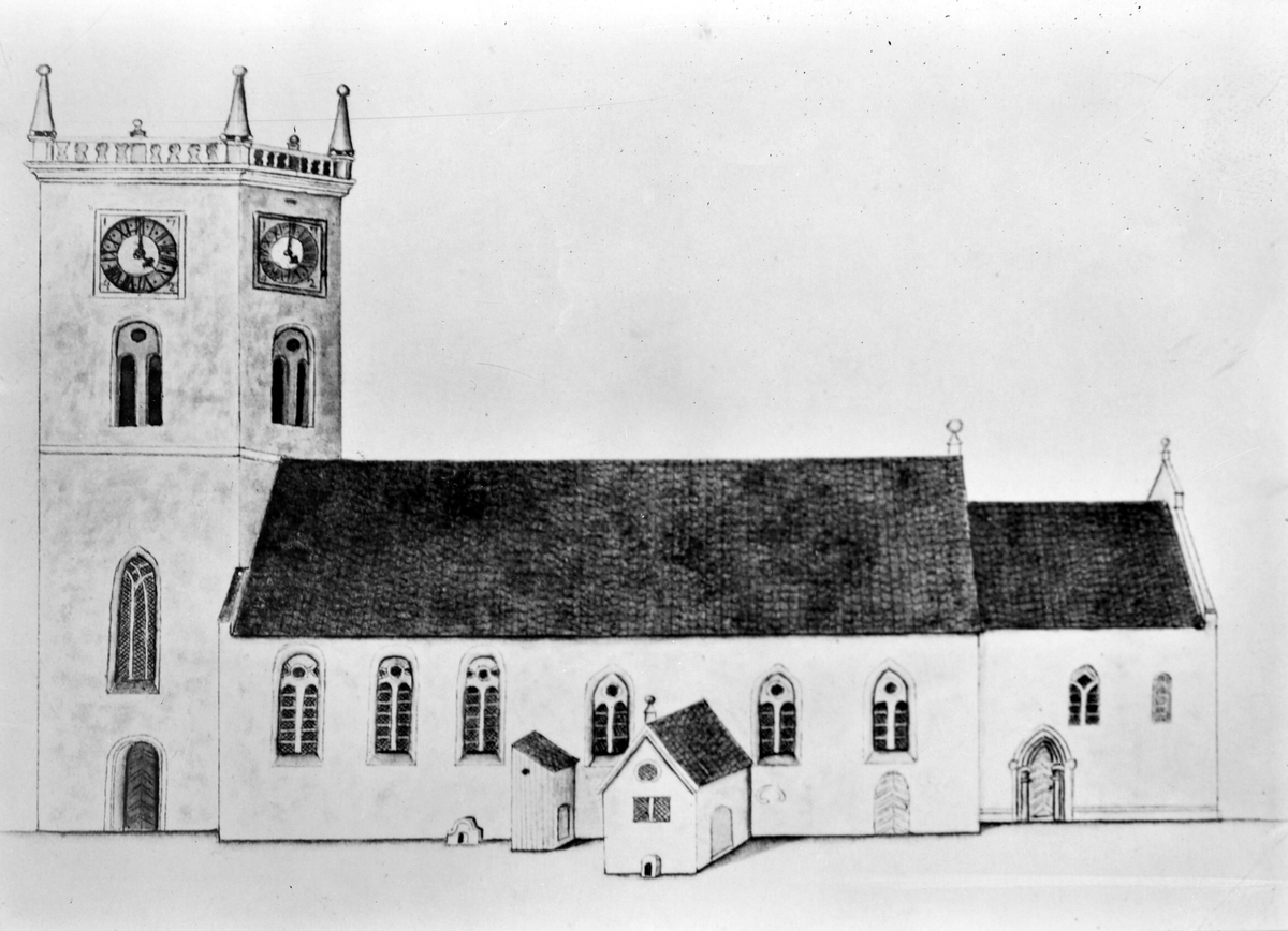 Tegning av Vår Frue Kirke fra år 1773