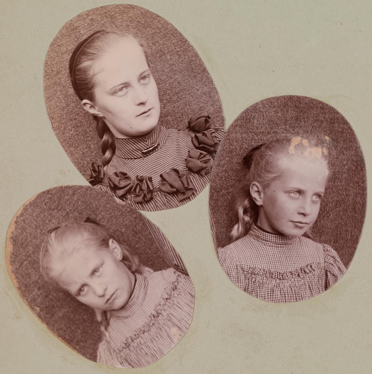 Tre jenteportretter: Anna (øverst), Eva (til venstre), Emilie (til høyre).