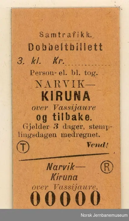 Tur/returbillett Narvik-Kiruna, 3. klasse, ubrukt