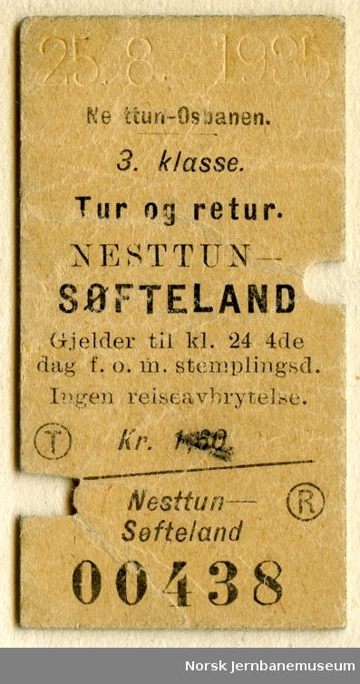 Tur/returbillett Nesttun-Søfteland, 3. klasse, brukt