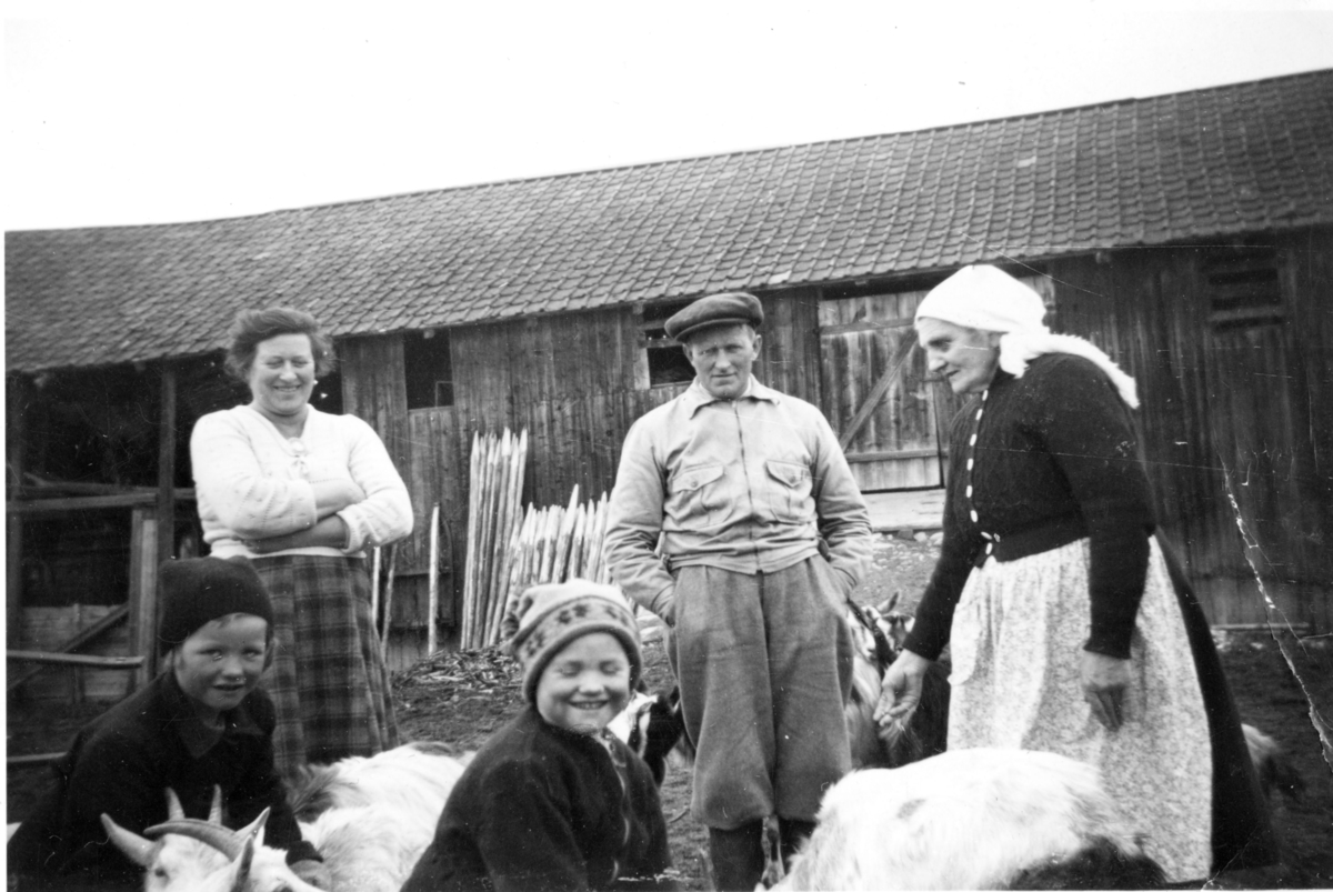 På stølen. Bak frå v: Egjerd Herbrandsdtr. Brennhovd, Gustav William Sæther og Kari Endresdtr. Skogen. Foran Elsa (t.v.) og Ingrid Knutsdøtre Torkop.