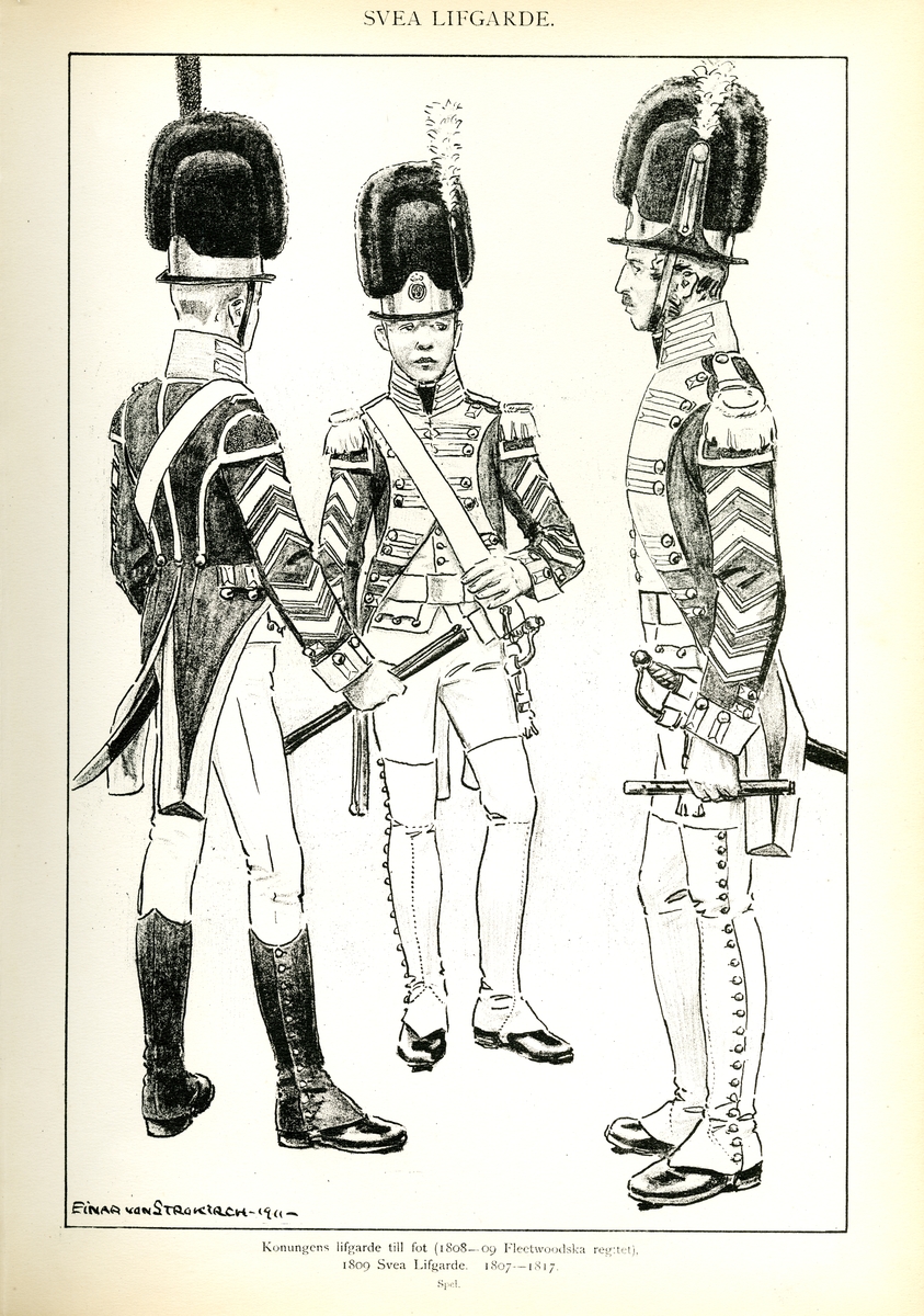 Plansch med uniform för spel vid Svea livgarde för åren 1807-1817, ritad av Einar von Strokirch. Ingår i planschsamlingen Svenska arméns munderingar 1680-1905.