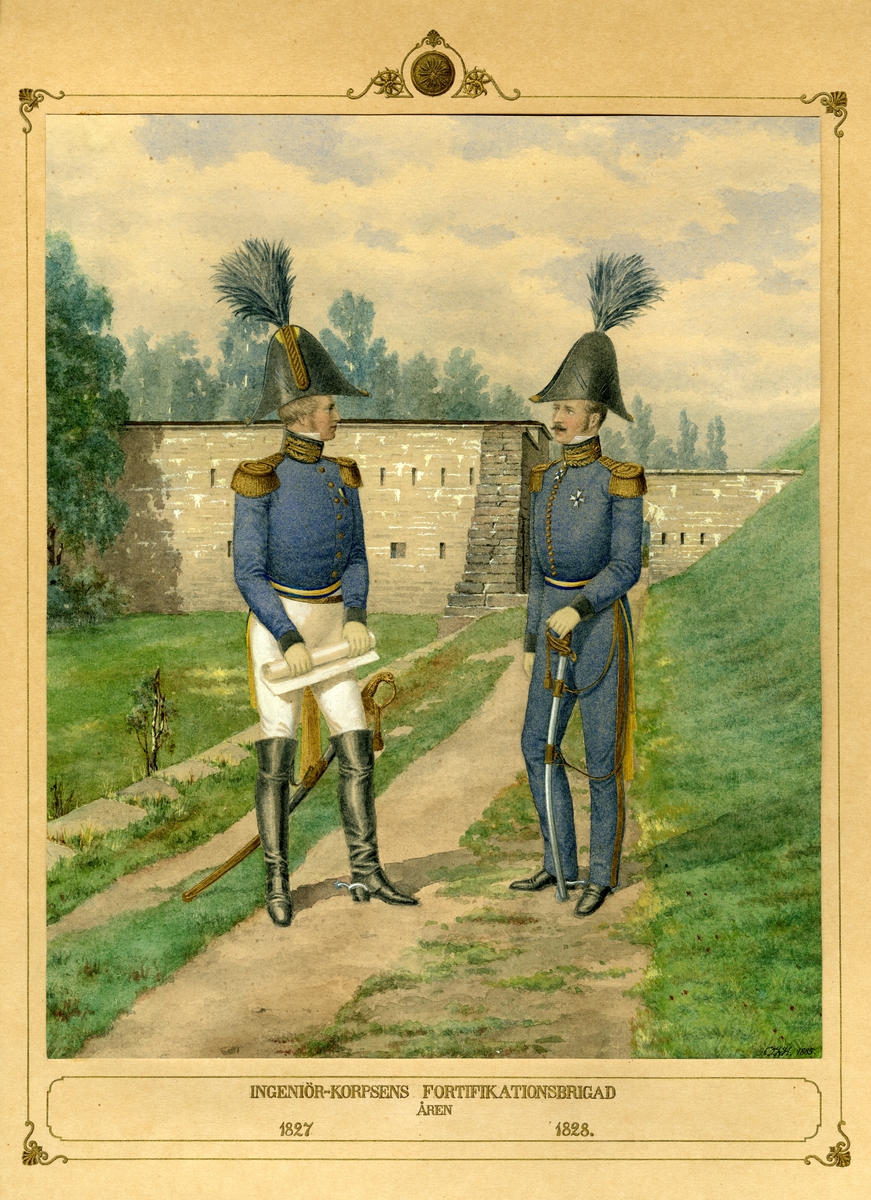 Akvarell med uniformsskiss för Ingenjörkåren år 1827 och Fortifikationsbrigaden år 1828.