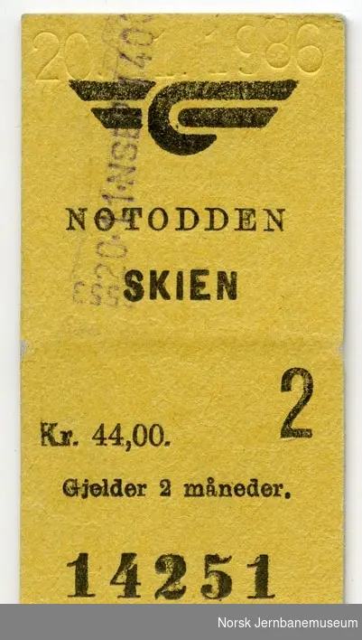 Billett Notodden-Skien, 2. kl.