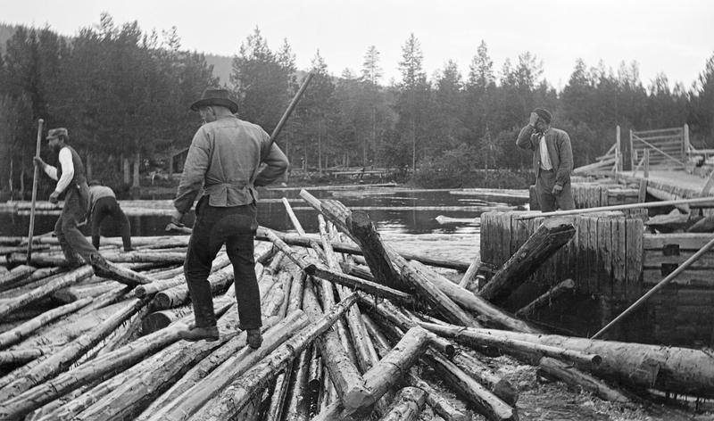 Tapping gjennom Osdammen i Åmot, Hedmark, omkring 1920. Fotografiet viser hvordan fløterne måtte ut på de glatte, barkete tømmerstokkene for å løsne virket når tømmeret satte seg i en eller flere av damåpningene.