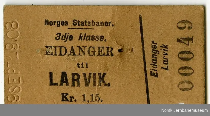 Billett Eidanger-Larvik, 3. kl.