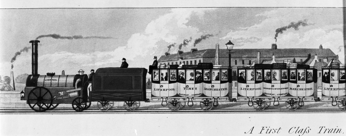 "Railway conveyances from Liverpool to Manchester". D.v.s. olika tågsättssammansättningar. Färglagt. Inom glas och ram.