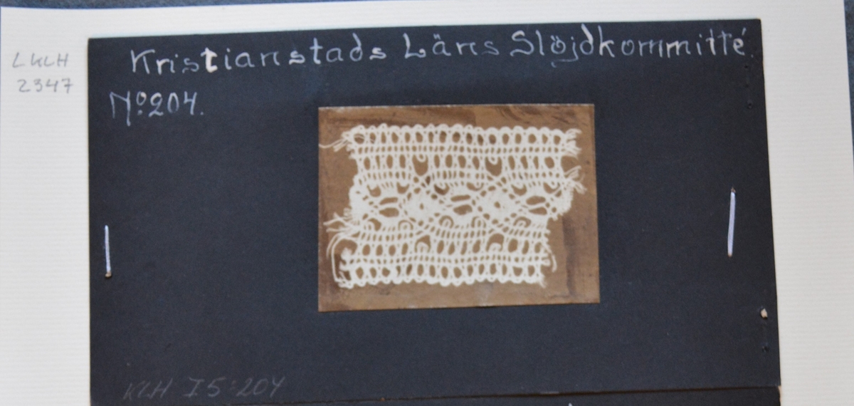 Kristianstads Läns Hemslöjdskommitté No 204.
Fotografi på en spets.
Provet är monterat på svart kartong.