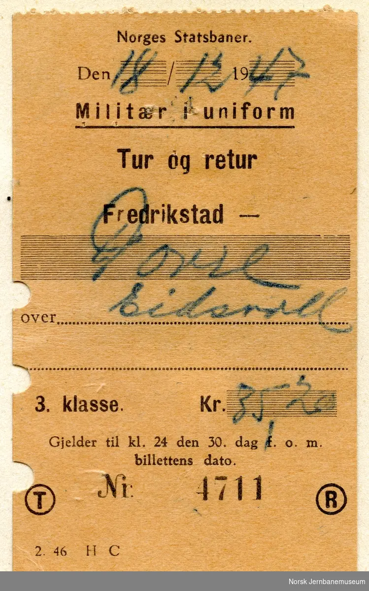 Tur/returbillett, militær i uniform, Fredrikstad-Dovre, 3. klasse