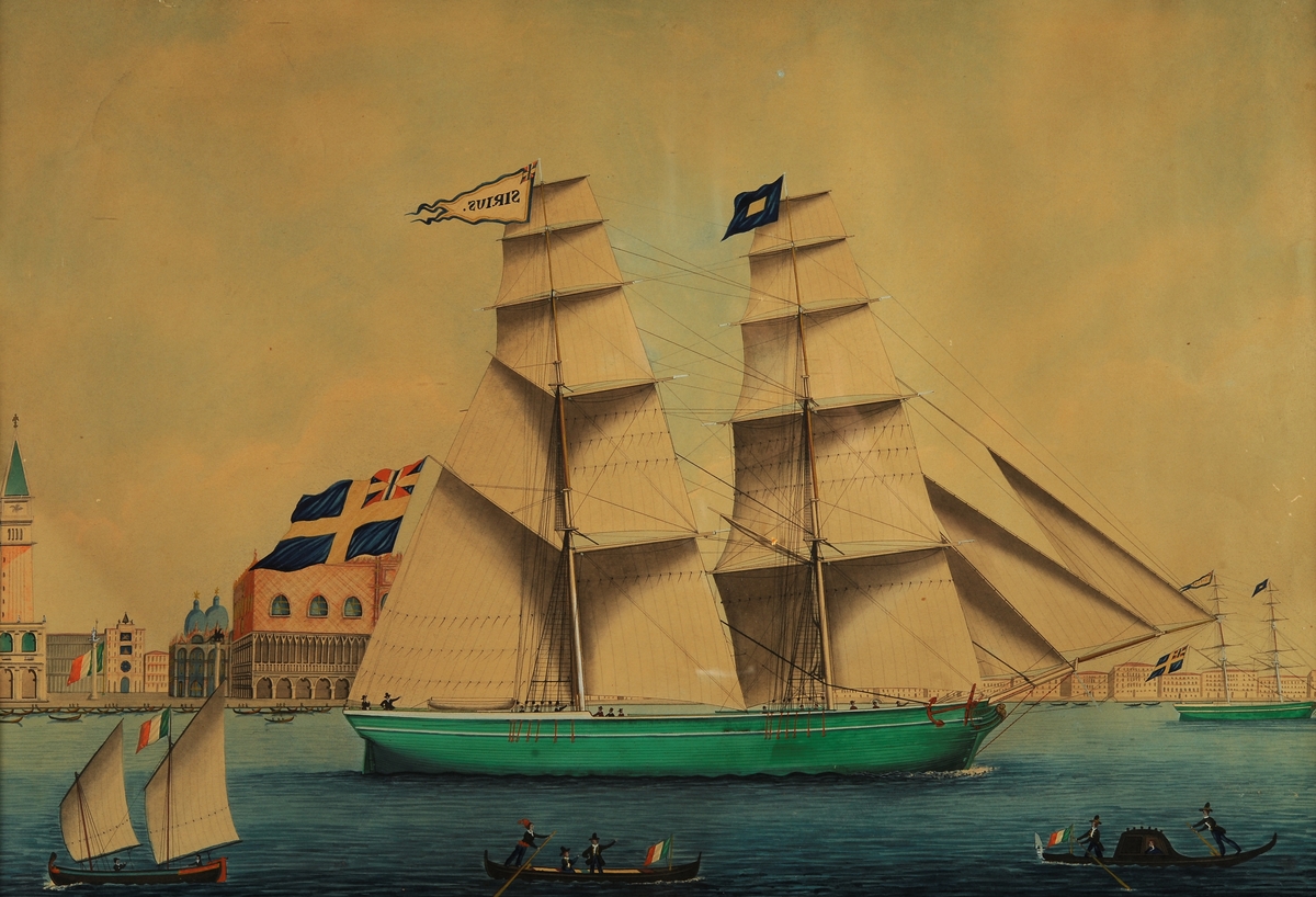Akvarell Briggen S I R I U S, Capten F.T. Neukerck, 1849". Fartyget ligger för styrbords halsar med alla segel satta. På förtoppen signalen P. På stortoppen namnvimpel och under gaffeln svensk flagg med unionsmärke. Fartyget seglar i hamnen i Venedig, i bakgrunden staden.
