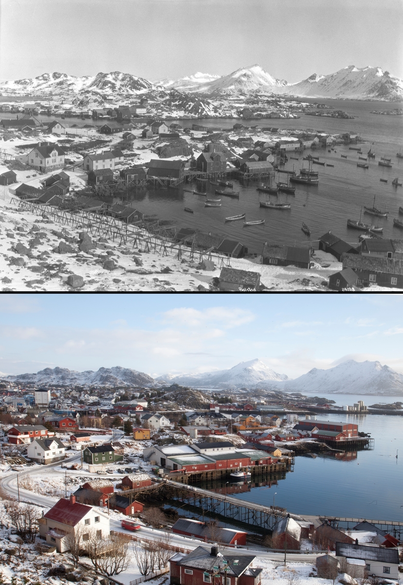 Refotografering. Oversiktsbilde av Kræmmervika på Ballstad. Fiskevær med fiksebåter og fiskehjeller i 1924. Fiskebåtene er borte og fiskehjellet er erstattet med bebyggelse. Fotografert 1924 og 2015.