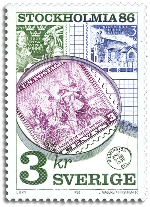 Svenska, amerikanska frimärket till Nya Sverigeminnet.