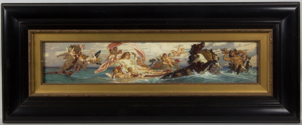 Venus sitter i en båt dragen av frustande hästar. Hon är omgiven av flera grupper av amoriner som bland annat håller i blomstergirlanger. Längst till höger en snäckblåsande triton.