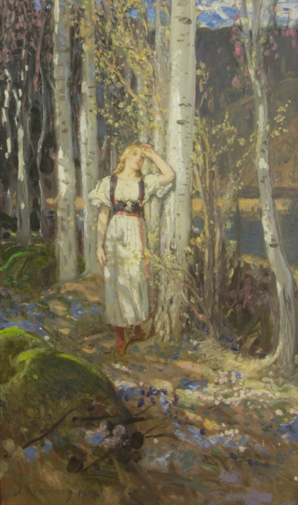 En ung kvinna i helfigur i vit klädnad lutar sig mot en björk i en björkdunge. I förgrunden vårblommor och en stor sten.
