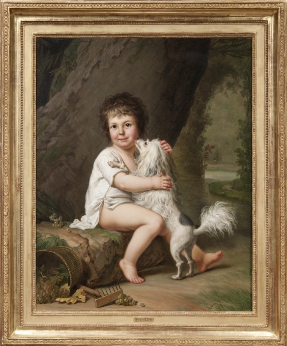 Den lille pojken var son till Marie Antoinettes hovdam, Henriette Genet-Campan. Vi ser honom återgiven tillsammans med hunden Aline i den engelska parken vid familjens sommarhus i Croissy utanför Paris. Målningen ställdes ut på Salongen 1787, men med den något anonyma titeln Ett barn som leker med en hund.Månadens nyförvärv, Juli 2013:Porträtt utfört av Adolf Ulrik Wertmüller Nationalmuseums samlingar av svensk-franskt måleri från 1700-talet har utökats genom förvärvet av porträttet av den tvåårige Henri Bertholet-Campan (1784-1821), målat av Adolf Ulrik Wertmüller. Den lille pojken var son till Marie Antoinettes hovdam, Henriette Genet-Campan. Vi ser honom återgiven tillsammans med hunden Aline i den engelska parken vid familjens sommarhus i Croissy utanför Paris. Målningen ställdes ut på Salongen 1787, men med den något anonyma titeln Ett barn som leker med en hund.Adolf Ulrik Wertmüller (1751-1811) utbildade sig hos sin syssling Alexander Roslin i Paris och studerade vid den franska konstakademien i Rom. När Wertmüller återvände till den franska huvudstaden våren 1781 hade han svårt att få beställningar och försörjde sig i stället som kopist i Roslins ateljé. Här upptäcktes han av den svenske ambassadören Gustaf Filip Creutz, som gjorde flera viktiga beställningar. Detta fick till följd att Gustav III under sin vistelse i Paris sommaren 1784 övertalade den franska drottningen Marie Antoinette att låta Wertmüller måla hennes porträtt avsett som gåva till den svenske kungen. Porträttet ingår i dag i Nationalmuseums samlingar.Gustav III hade tänkt att detta skulle bli Wertmüllers entrébiljett till en framgångsrik karriär i Paris, men avundsjukan växte. När porträttet av Marie Antoinette ställdes ut i augusti 1785 blev verket nedgjort av kritikerna. Drottningen var heller inte nöjd. Konstnären drabbades av en djup depression, men samlade sig till att göra nödvändiga justeringar innan porträttet sändes till Sverige året därpå. Den som kom till Wertmüllers hjälp var hans vän Henriette Genet-Campan. Att Wertmüller alls fick betalt var mycket Mme Campans förtjänst eftersom hon förvaltade drottningens handkassa och var väl insatt i den kungliga ekonomin. Av försiktighetsskäl fungerade en gemensam vän, Gabriel Lindblom som mellanhand i kontakterna. Lindblom hade varit guvernör åt Mme Campans yngre bror Edmond Genet och tjänstgjorde själv som tolk vid det franska utrikesministeriet i Versailles. Detta förklarar både varför Wertmüller var så välinformerad och dessutom målade närmare ett dussin porträtt av flera medlemmar av familjen Genet-Campan.I sin tacksamhet mot vännen Mme Campan målade Wertmüller porträttet av hennes tvåårige son Henri hösten 1786. Han hade då redan förevigat den lille som nyfödd och han skulle fortsätta måla andra fränder till Mme Campan. Dessa inbegriper bland annat porträttet av hennes syster Adélaïde Auguié som mejerska i den kungliga mjölkkammaren vid Petit Trianon-Le Hameau, målat 1787. Målningen finns i museets samlingar sedan år 1951, en gåva från Nationalmusei Vänner. Senare har även en förstudie till porträttet av den franske kronprinsen Louis inköpts. Genom nyförvärvet kan ytterligare en pusselbit läggas till de övriga i den fascinerande historien om tillkomsten av Wertmüllers porträtt av drottning Marie Antoinette.