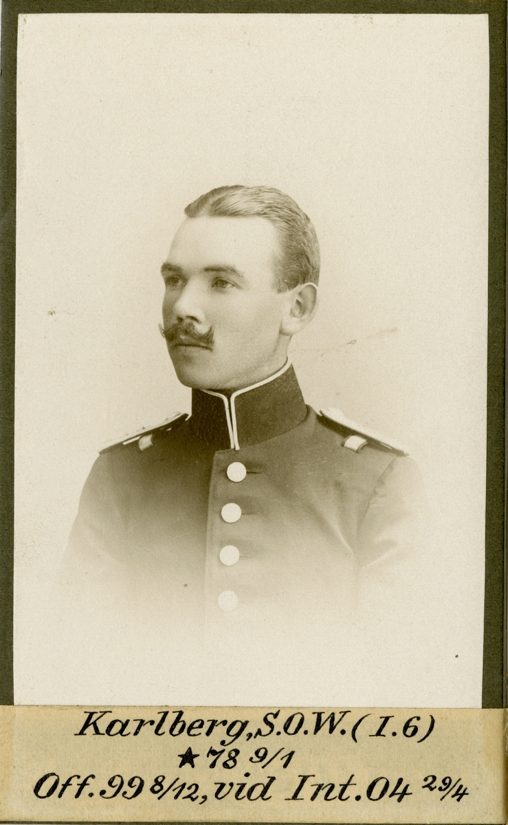 Porträtt av Sven Oskar Wilhelm Karlberg, Officer vid Västgöta regemente I 6 och Intendenturkåren.