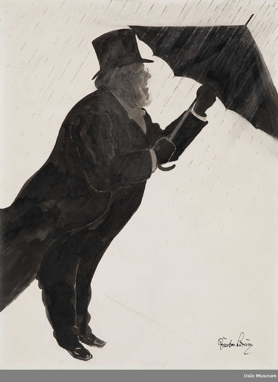 karikatur, mann, helfigur, fremoverlent, slår opp paraply i øsende regn