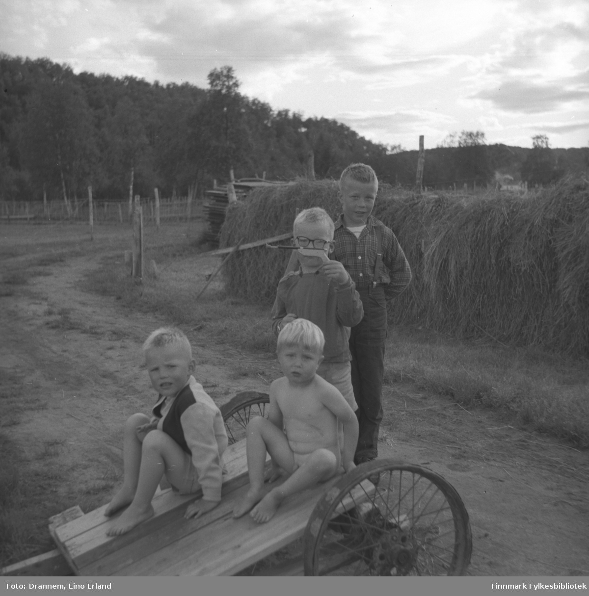 Fire små gutter fototgrafert på en gårdsvei. Dette kan være sønner av Alfred Karikoski.